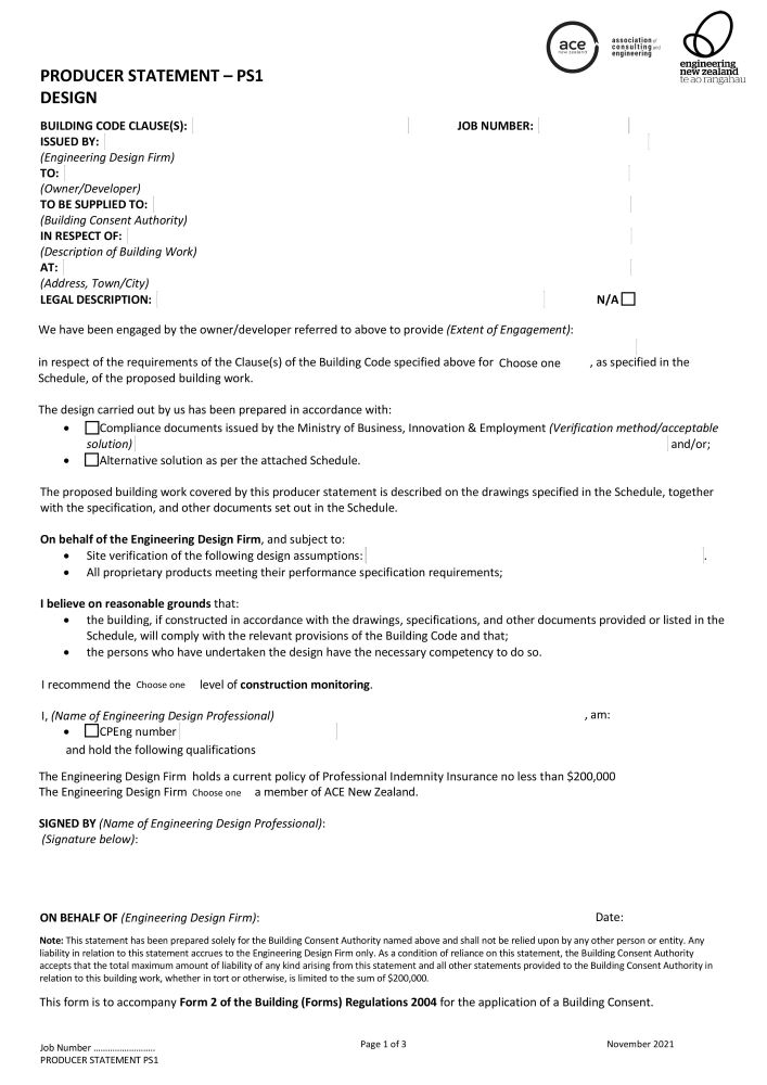 Blank Producer Statement PS1 form used for structural design certification