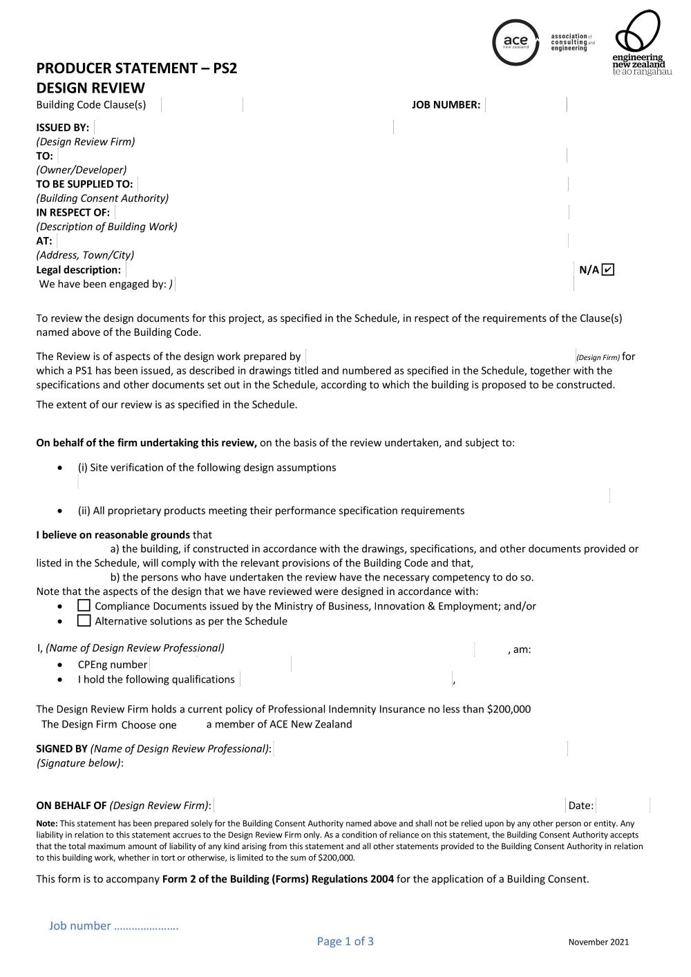 Blank Producer Statement PS2 form for design peer review certification