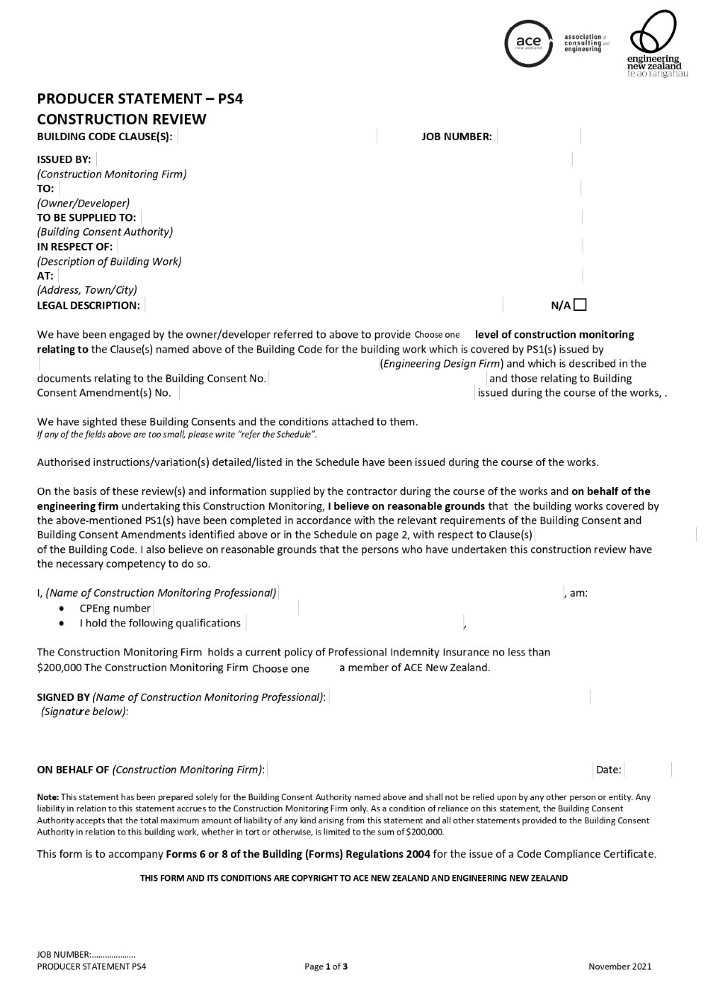Blank Producer Statement PS4 form for construction monitoring certification