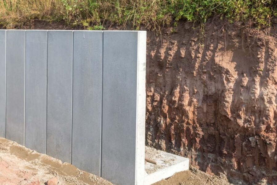 Precast concrete retaining wall panel installed on site against an excavated soil face